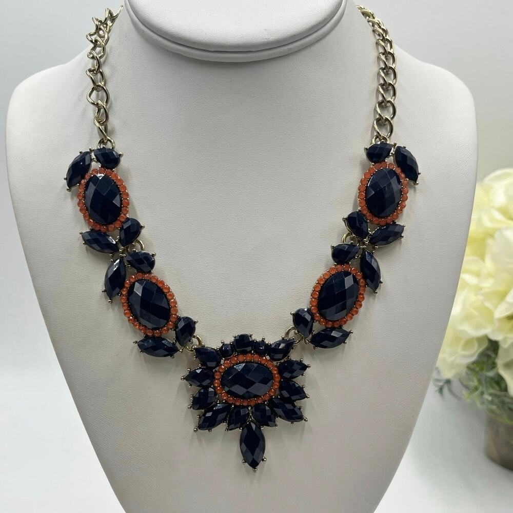 J.‎ Crew Navy Tangerine Glass Rhinestone Gold Tone Statement Necklace